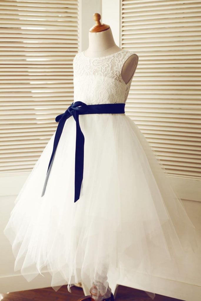 Keyhole Ivory Lace Tulle Wedding Flower Girl Dress / Navy