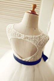 Keyhole Ivory Lace Tulle Wedding Flower Girl Dress / Navy