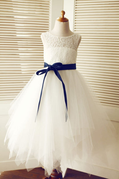 Keyhole Ivory Lace Tulle Wedding Flower Girl Dress / Navy