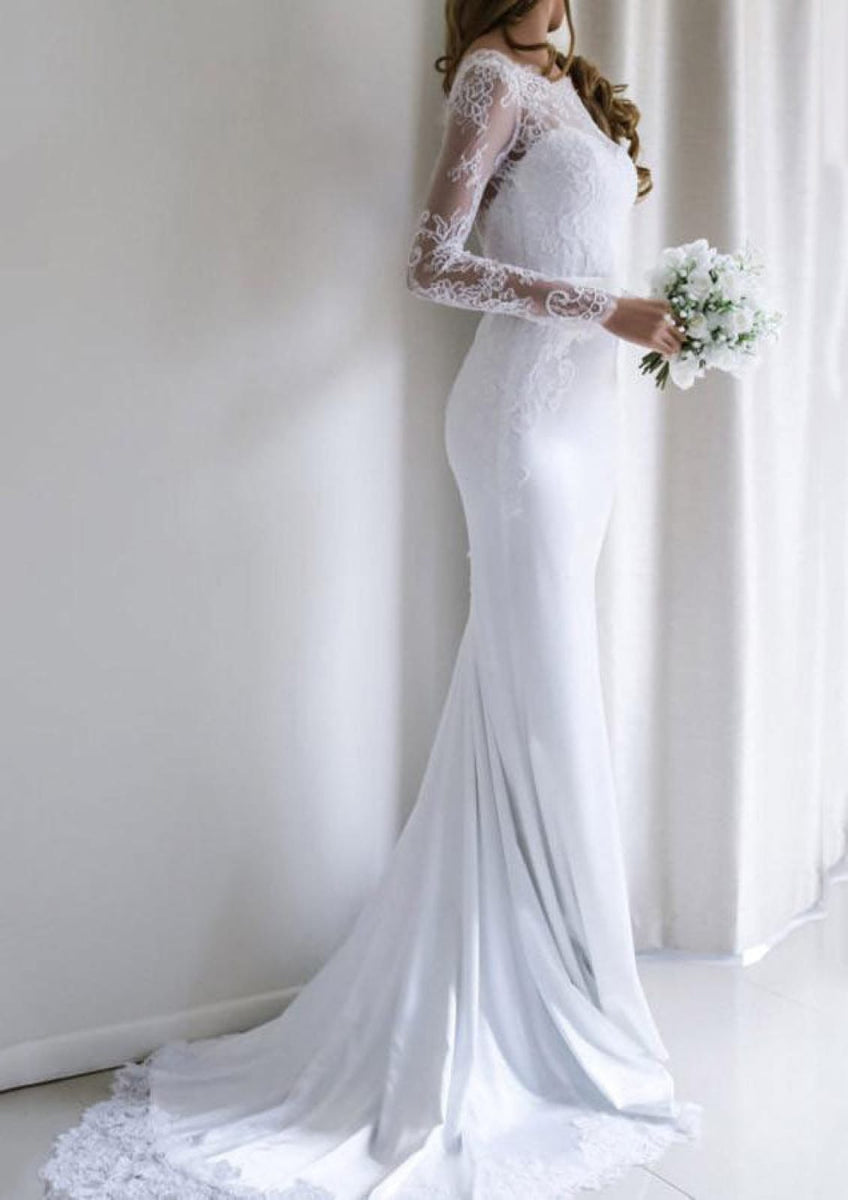 Vestido de novia de corte sirena de manga larga de satén elástico con -  Princessly, image size:848x1200