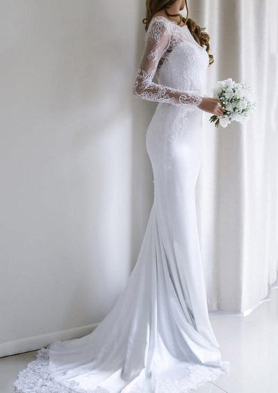 Lace Elastic Satin Bateau Long Sleeve Court Train Mermaid