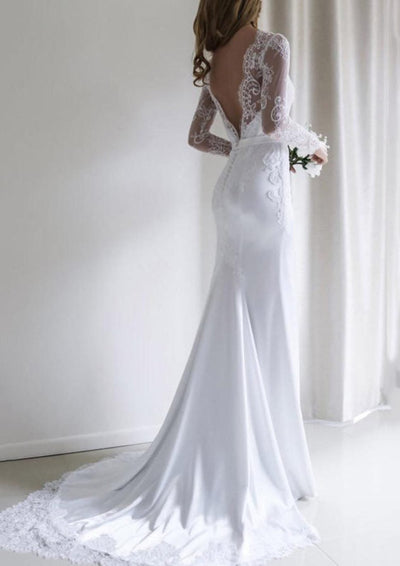 Lace Elastic Satin Bateau Long Sleeve Court Train Mermaid