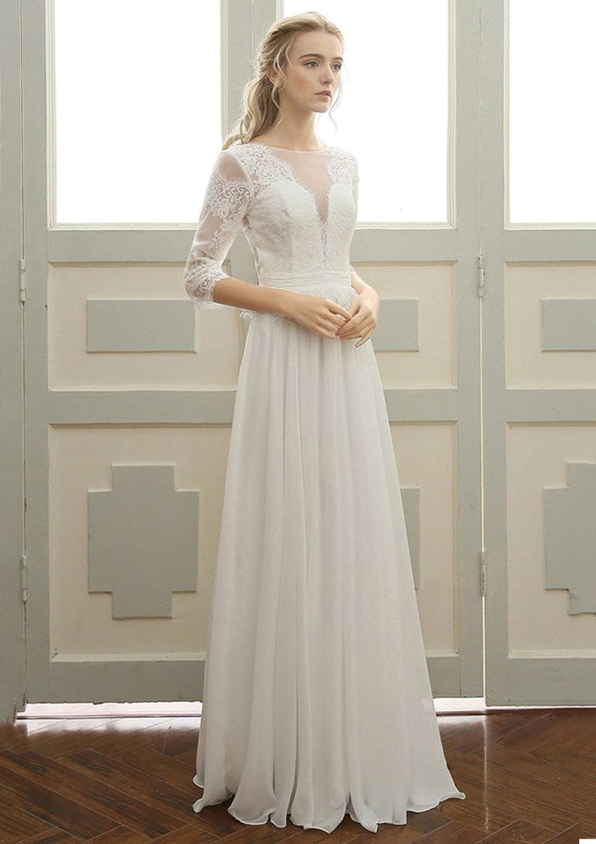 Long Sleeves A-Line/Elegant Bateau Beading Floor-length Chiffon Dress main image 1
