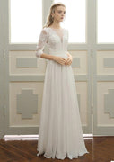Lace Half Sleeve Chiffon Wedding Dress A-Line Bateau Floor-Length, Pleats