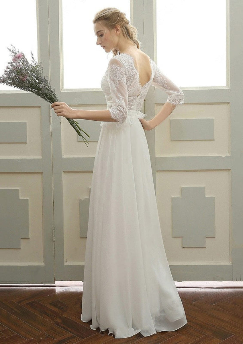Lace Half Sleeve Chiffon Wedding Dress A-Line Bateau Floor-Length, Pleats Lace Half Sleeve Chiffon Wedding Dress A-Line Bateau Floor-Length, Pleats