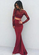 Lace Jersey Prom Gown Wine Sheath Bateau Full Sleeve Backless 2 Pieces Dress