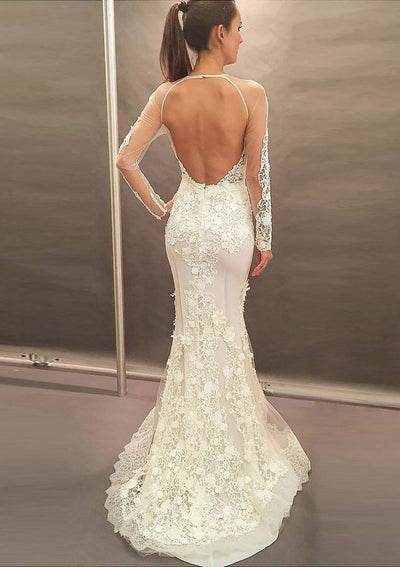 Lace Open Back Mermaid Long Sleeve Halter Wedding Dress -