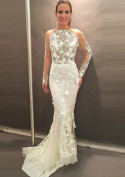 Lace Open Back Mermaid Long Sleeve Halter Wedding Dress -