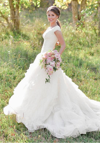 Lace Organza Ruffles Queen Anne Neck A-line Wedding Dress