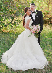 Lace Organza Ruffles Queen Anne Neck A-line Wedding Dress