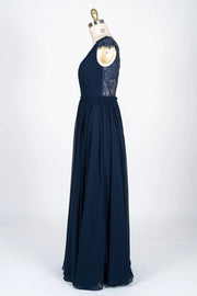 Lace Scalloped V-Neck Navy Chiffon Bridesmaid Dress Braided