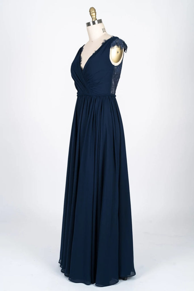 Lace Scalloped V-Neck Navy Chiffon Bridesmaid Dress Braided