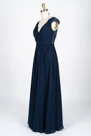 Lace Scalloped V-Neck Navy Chiffon Bridesmaid Dress Braided 