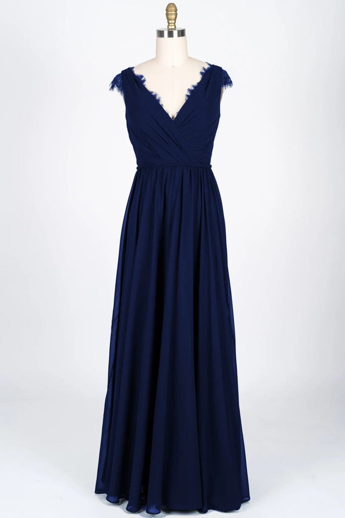 Lace Scalloped V-Neck Navy Chiffon Bridesmaid Dress Braided