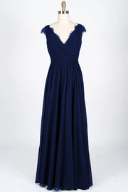 Lace Scalloped V-Neck Navy Chiffon Bridesmaid Dress Braided