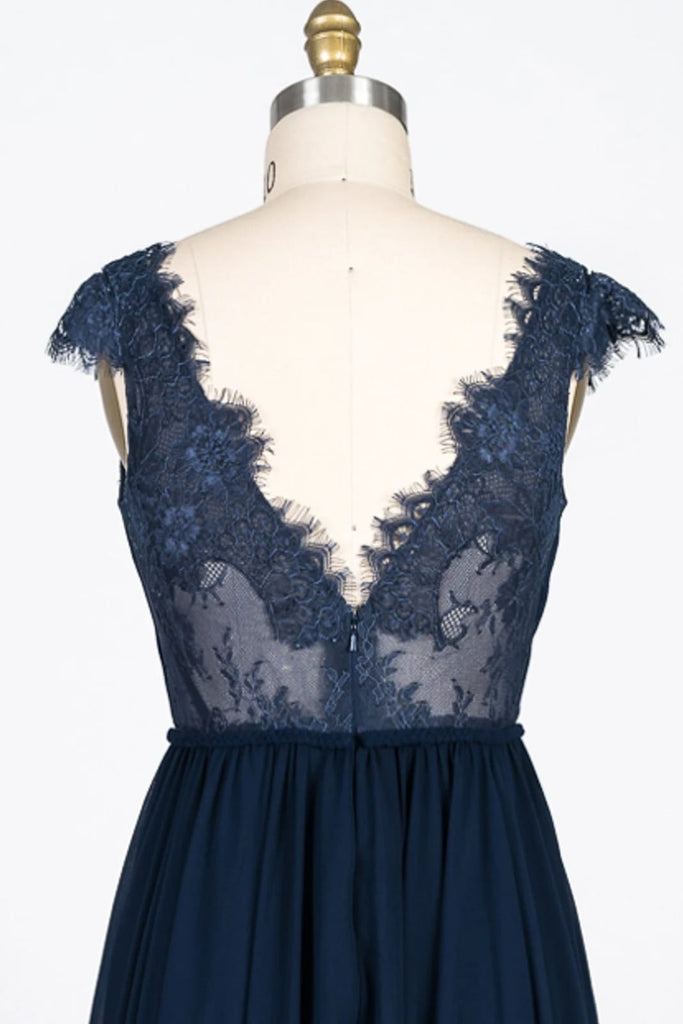 Lace Scalloped V-Neck Navy Chiffon Bridesmaid Dress Braided