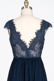 Lace Scalloped V-Neck Navy Chiffon Bridesmaid Dress Braided