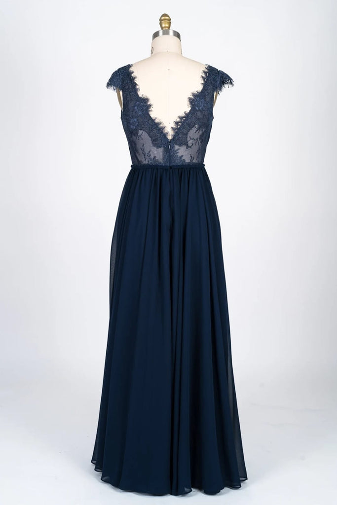 Lace Scalloped V-Neck Navy Chiffon Bridesmaid Dress Braided