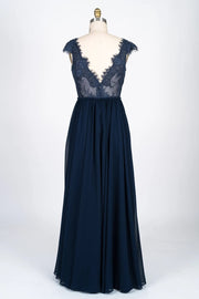 Lace Scalloped V-Neck Navy Chiffon Bridesmaid Dress Braided