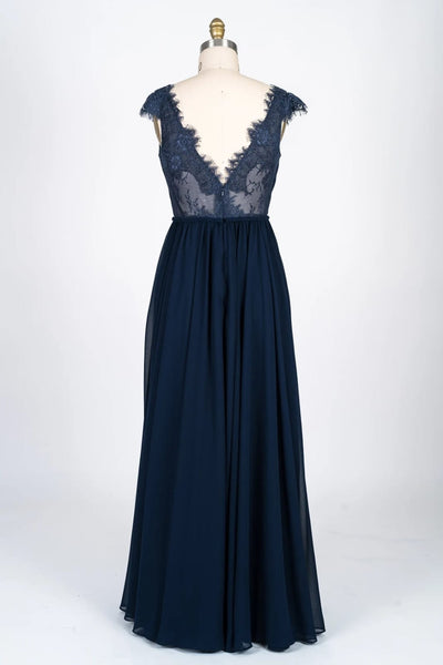 Lace Scalloped V-Neck Navy Chiffon Bridesmaid Dress Braided