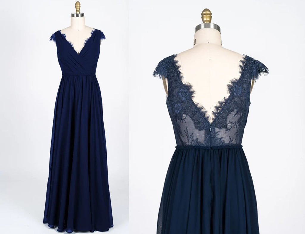 Lace Scalloped V-Neck Navy Chiffon Bridesmaid Dress Braided