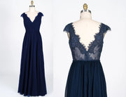 Lace Scalloped V-Neck Navy Chiffon Bridesmaid Dress Braided