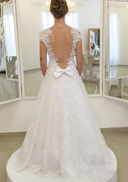 Beading Lace Tulle Sweep Open Back Wedding Dress Bowknot -