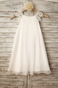 Abito da ragazza di fiore in chiffon avorio con maniche ad aletta in pizzo Boho Beach
