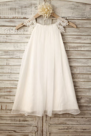 Lace Cap Sleeves Boho Beach Ivory Chiffon Flower Girl Dress