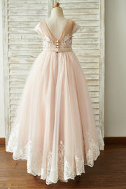 Lace Tulle V Back Cap Sleeves Floor Length Wedding Flower