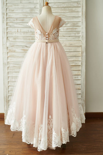 Lace Tulle V Back Cap Sleeves Floor Length Wedding Flower