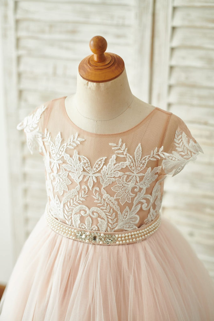 Lace Tulle V Back Cap Sleeves Floor Length Wedding Flower