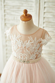 Lace Tulle V Back Cap Sleeves Floor Length Wedding Flower