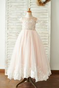 Lace Tulle V Back Cap Sleeves Floor Length Wedding Flower Girl Dress