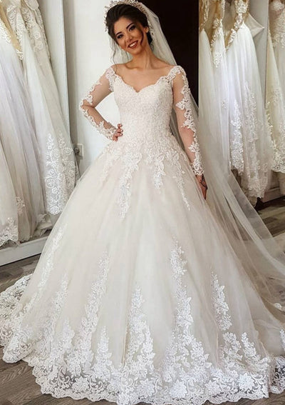 Lace Tulle V-Neck Long Sleeve Sweep Train Ball Gown Bridal 