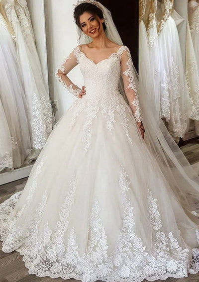 Lace Tulle V-Neck Long Sleeve Sweep Train Ball Gown Bridal