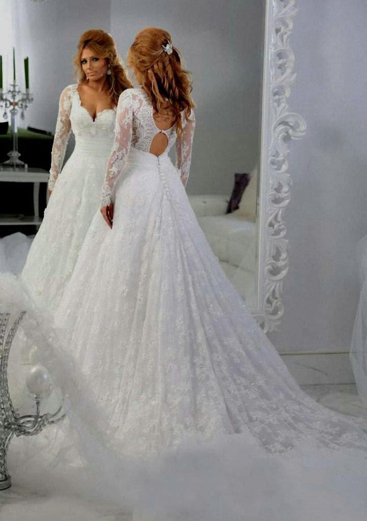 Lace Wedding Dress A-Line Chapel Keyhole Back Long Sleeve -
