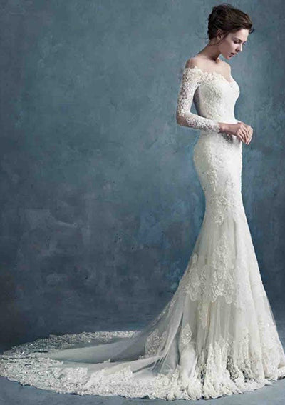 Lace Wedding Dress Trumpet Off Shoulder Court Train Beaded -