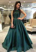 A-line V Back Sleeveless Court Train Satin Prom Dress Formal Evening Gown