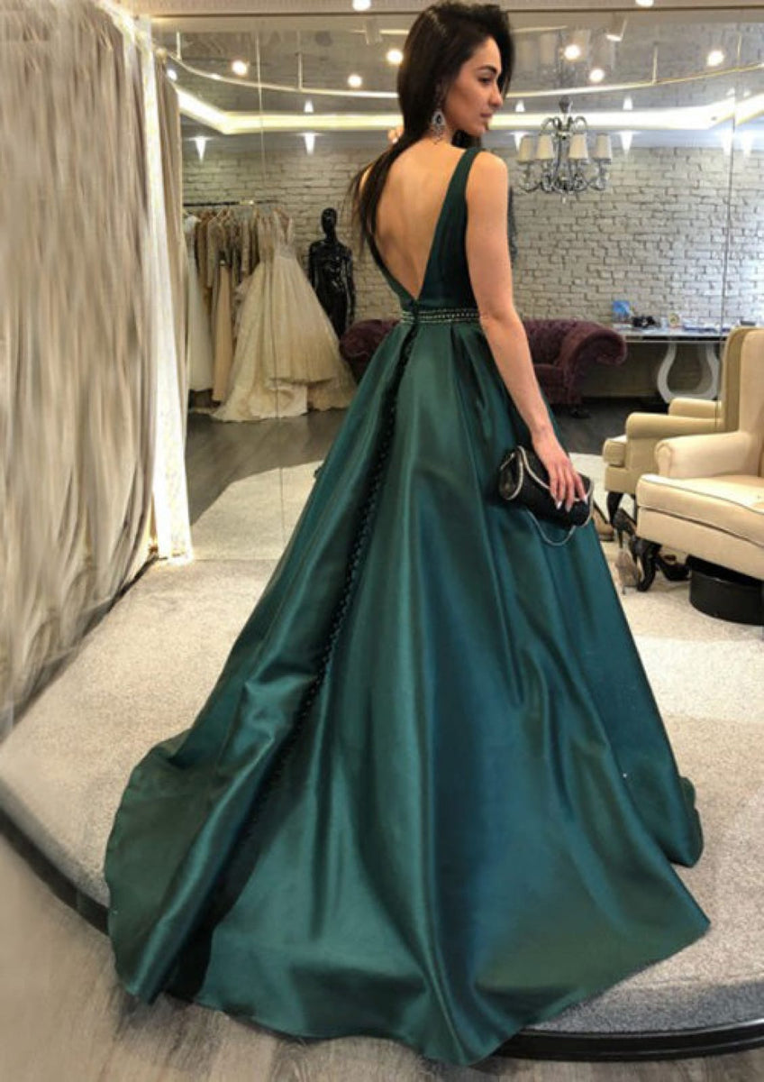 A-line V Back Sleeveless Court Train Satin Prom Dress Formal Evening G - Princessly A-line V Back Sleeveless Court Train Satin Prom Dress Formal Evening G - Princessly