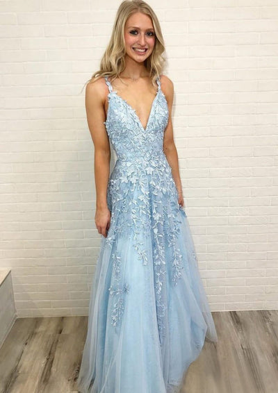 A-line/Princess V Neck Backless Sleeveless Long Tulle