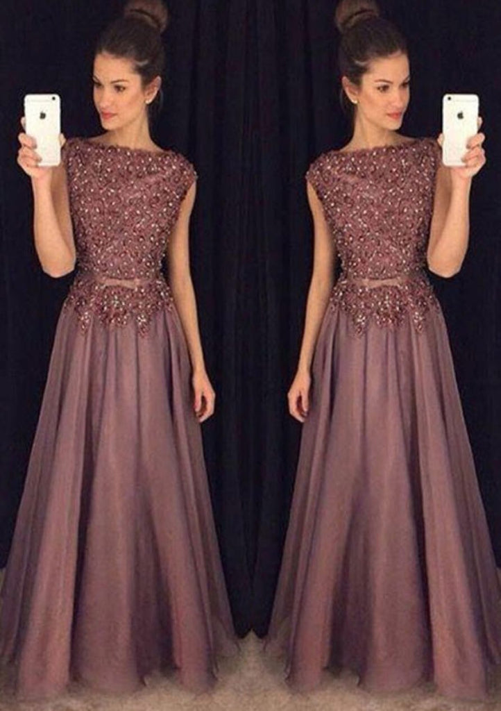 A-line Bateau Beaded Floor Length Silver Grey Chiffon