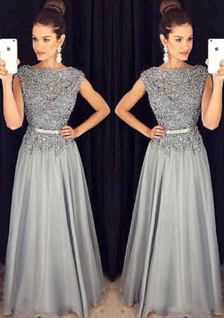 A-line Bateau Beaded Floor Length Silver Grey Chiffon