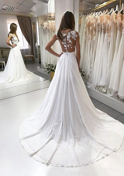 A-Line Bateau Floor Length Court Chiffon Wedding Dress Lace