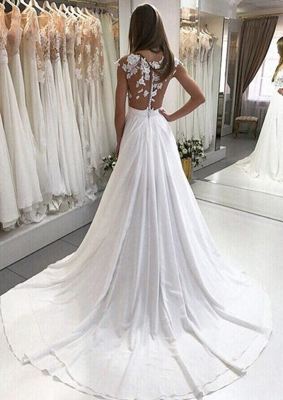 A-Line Bateau Floor Length Court Chiffon Wedding Dress Lace