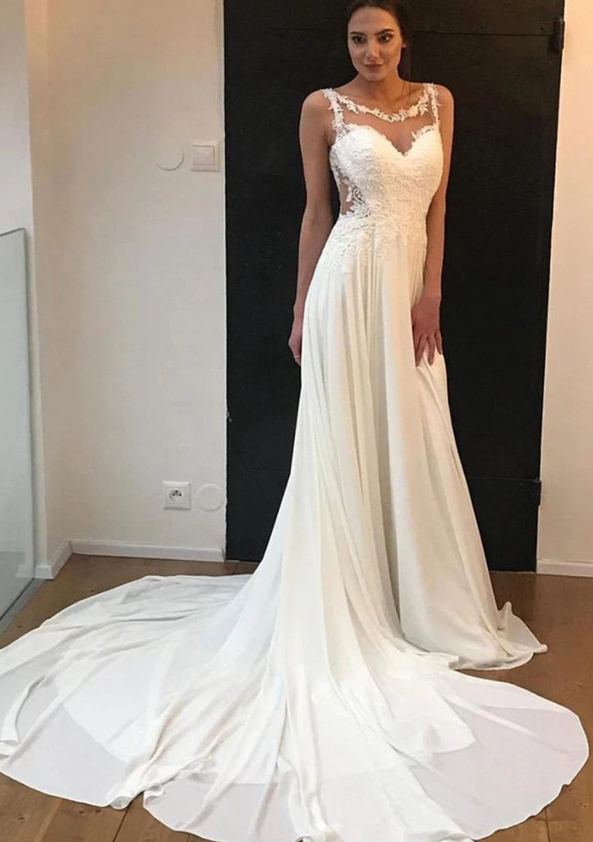33595 Beaded Lace Illusion Bateau A-line Dress