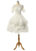 A-Line Bateau Knee Length Organza Mini Wedding Dress, Flowers