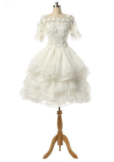 A-Line Bateau Knee Length Organza Wedding Dress Flowers -