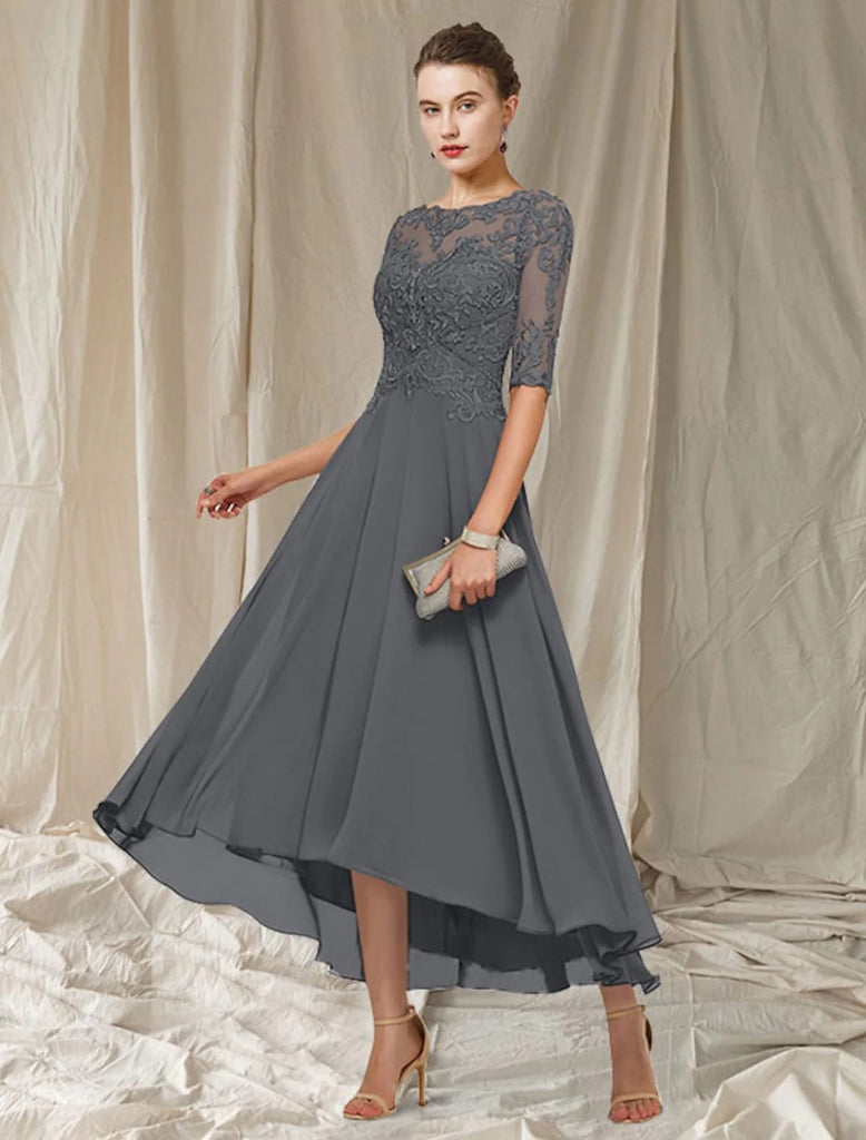 A-line Bateau Neck Chiffon Hi Low Mother of Bride Dress