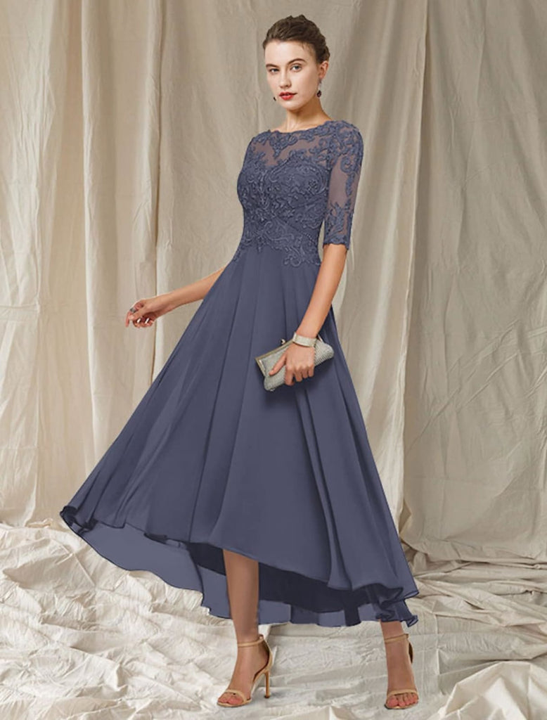A-line Bateau Neck Chiffon Hi Low Mother of Bride Dress